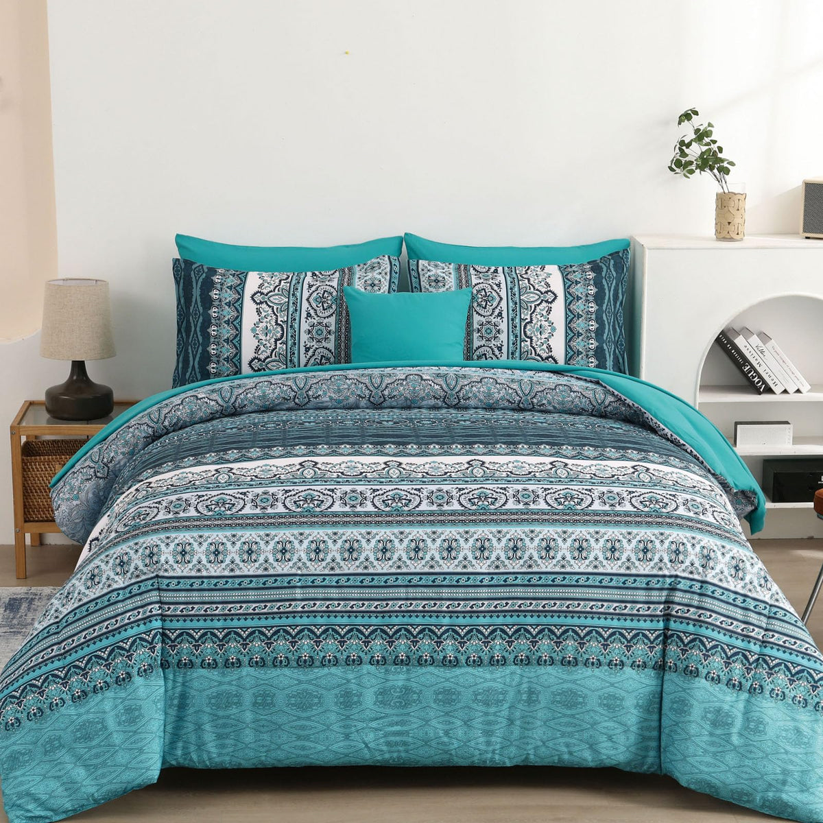 Cottolester boho queen comforter set in teal stripes enhances decor and comfort.