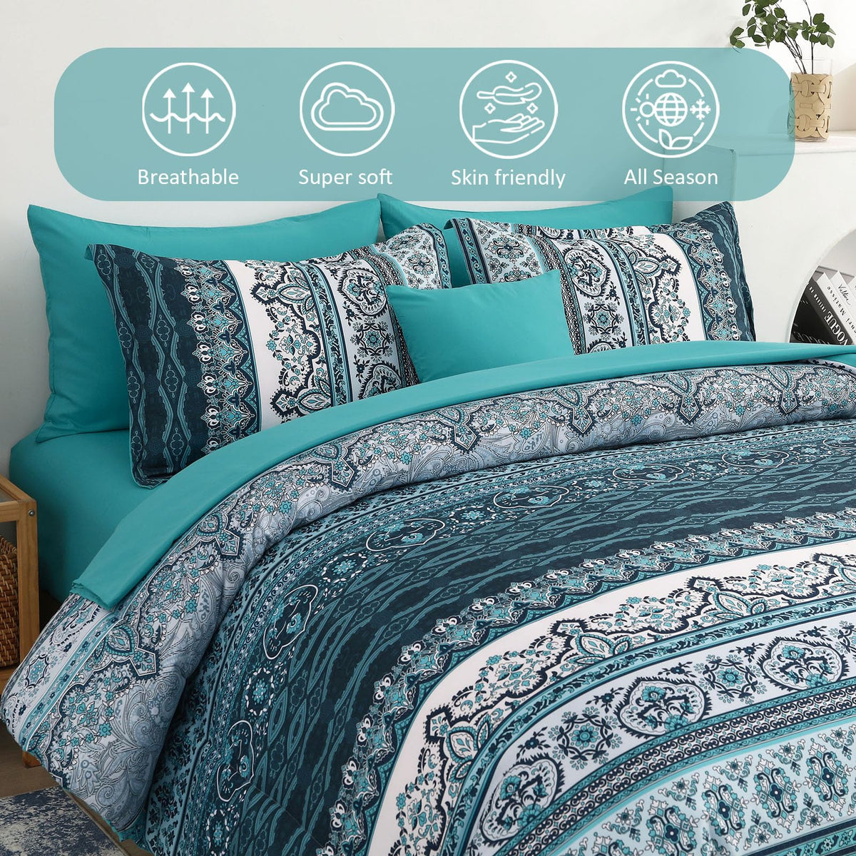 Cottolester queen fitted sheet teal striped provides secure, comfortable fit.