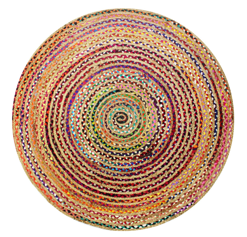 COTTON CRAFT jute chindi braid rag rug in multicolor adds vibrant living room appeal.
