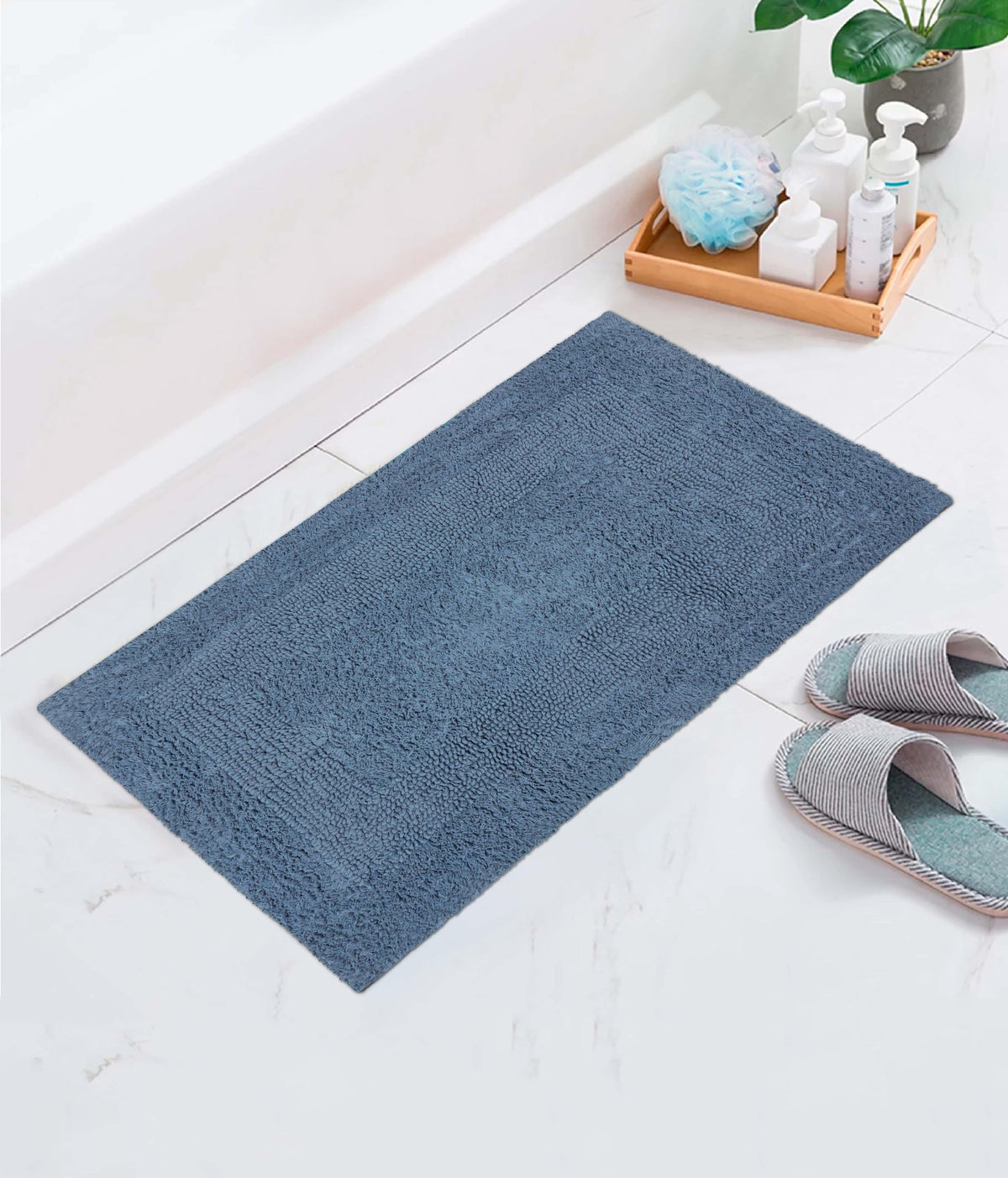 Cotton Craft Luxurious Bath Mat Azure Blue floor-ready setup after shower.