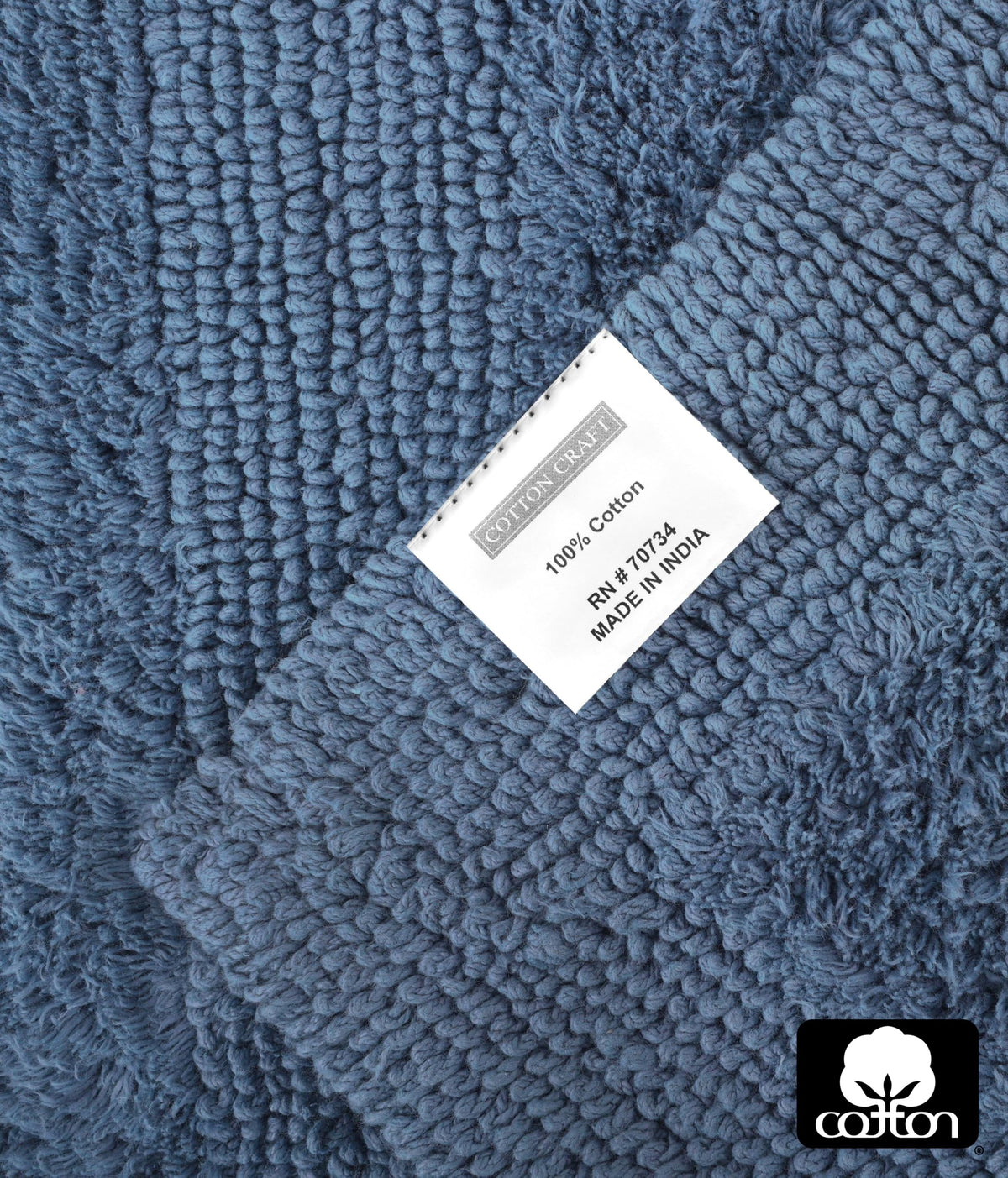Cotton Craft Luxurious Bath Mat Azure Blue two-sided design for versatile styling.
