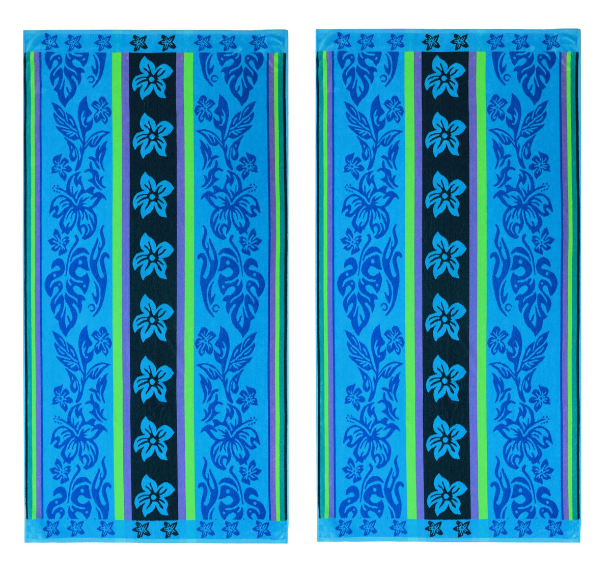 Cotton Craft oversized beach towel with tropical hibiscus design in aqua blue, ideal for beach lounging.