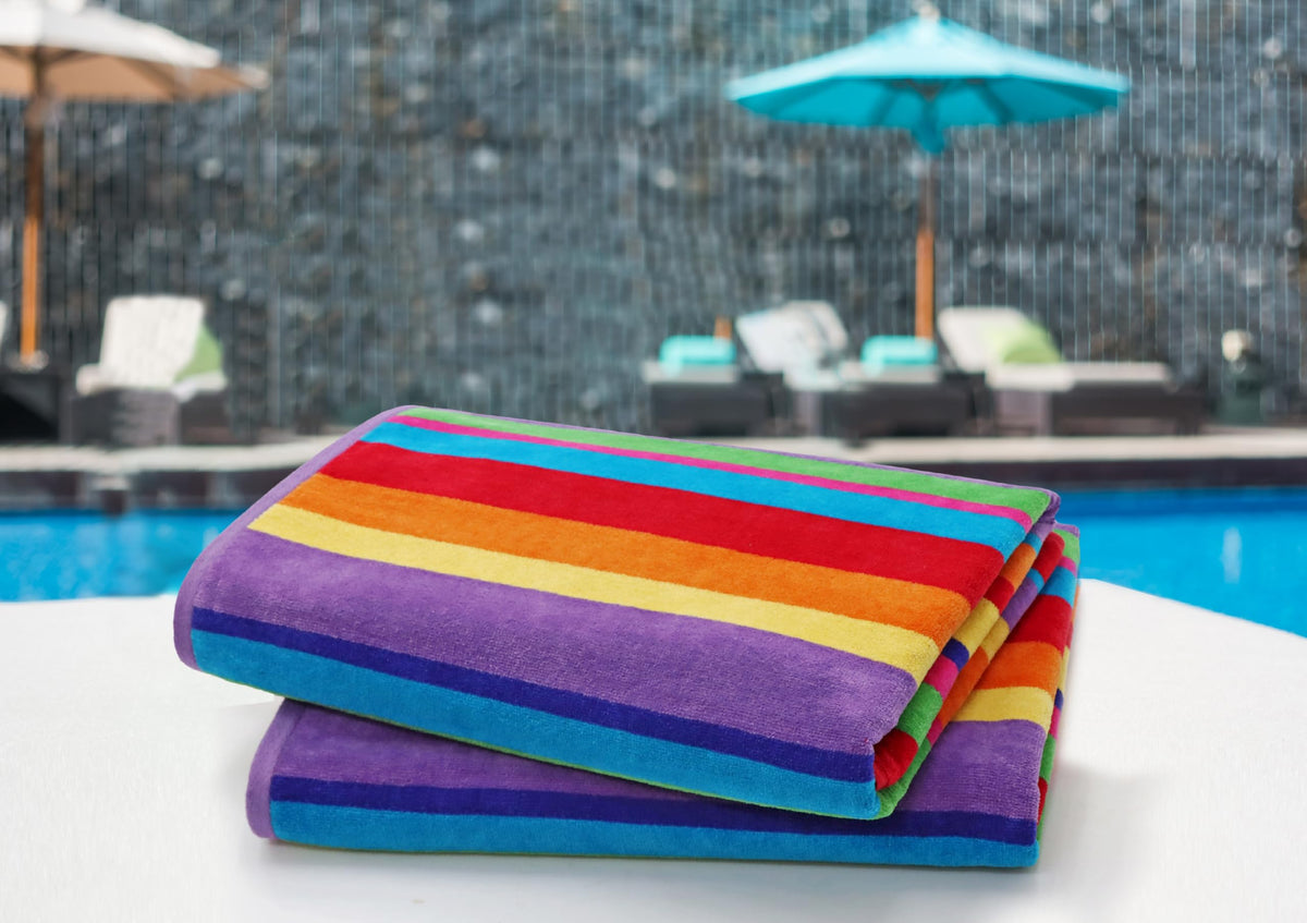 COTTON CRAFT Summer of Siam multi stripe towel close up of vibrant weave.