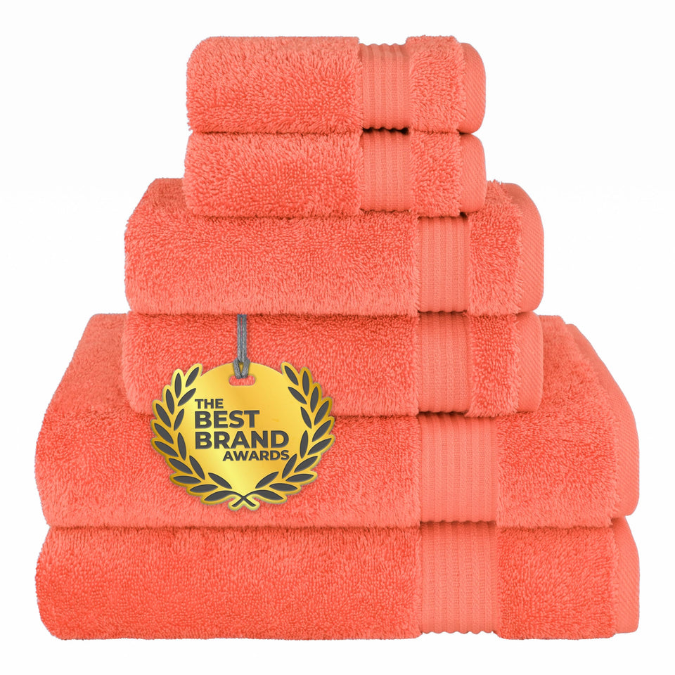 Cotton Paradise coral towel set in bathroom, soft, absorbent 100% cotton.