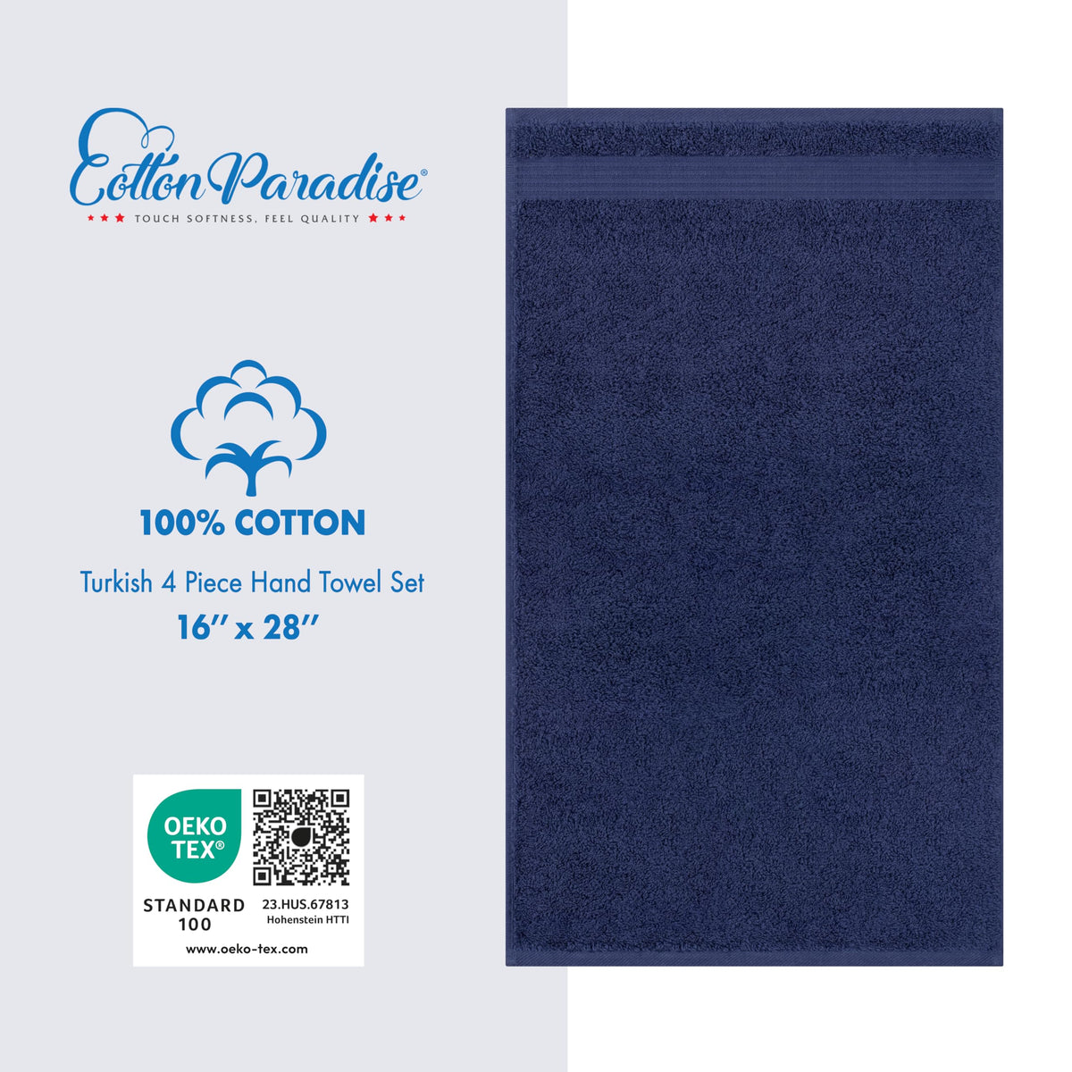 Cotton Paradise towels feature double-stitched hems for long-lasting use.