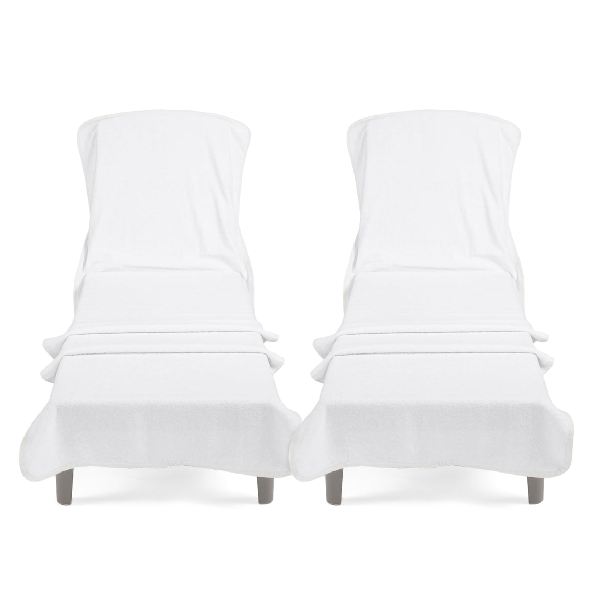 Cotton Paradise lounge towel with pocket on white fabric stays secure on pool chairs.