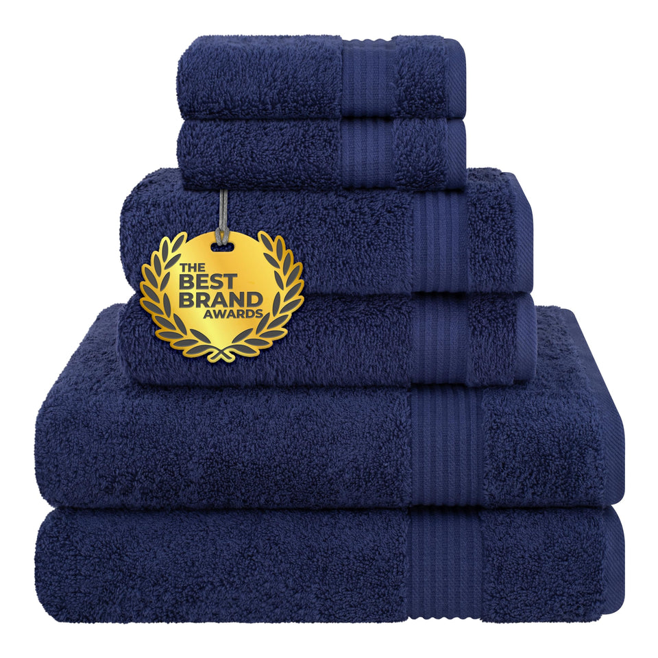 Cotton Paradise navy bath towels with plush thickness and high absorbency.