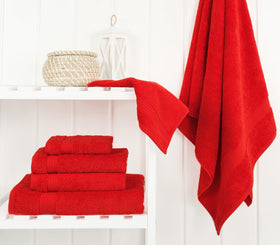 Cotton Paradise red bath towels showcasing plush texture and absorbency
