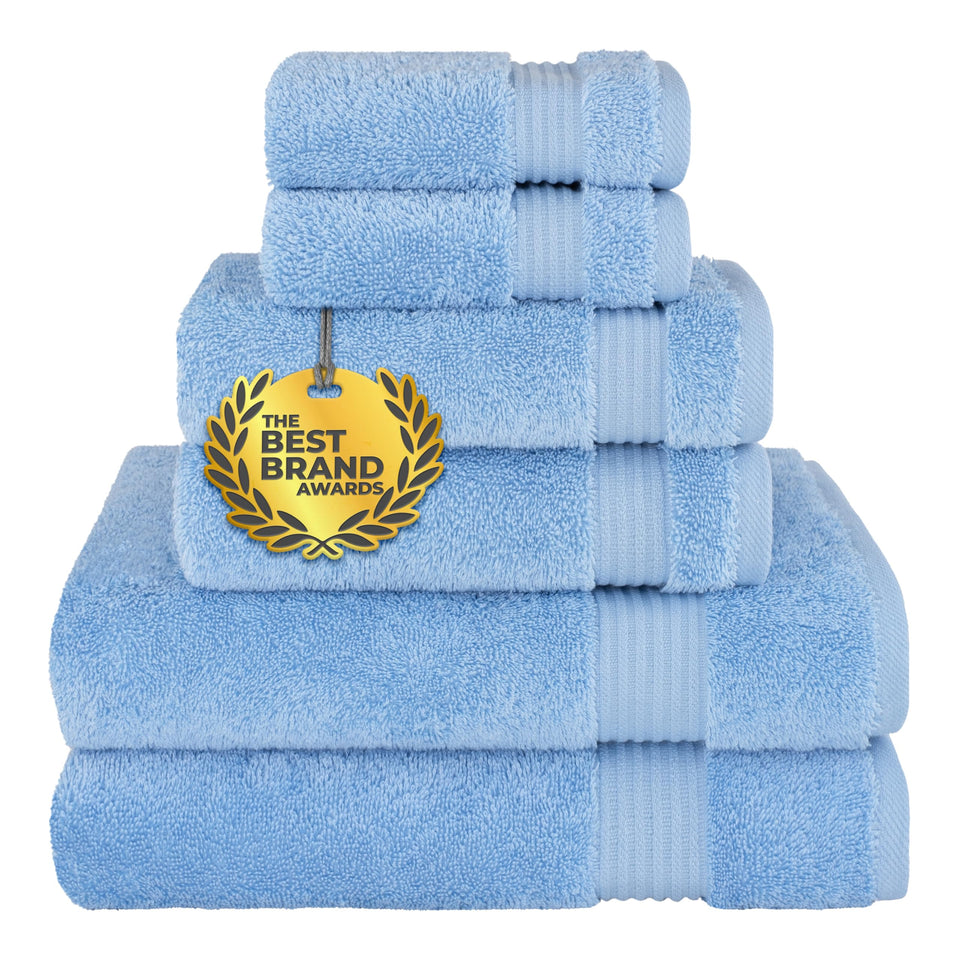 Cotton Paradise sky blue 6-piece towel set displayed in a bright bathroom for a spa-like feel