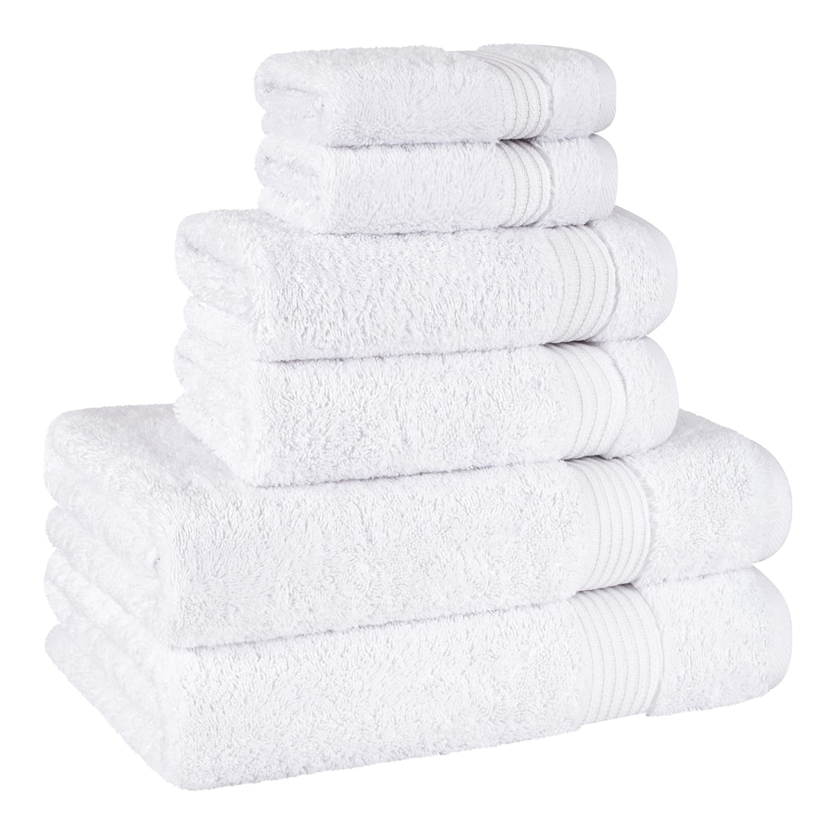 Double-stitched hem detail on snow white towels for durability.