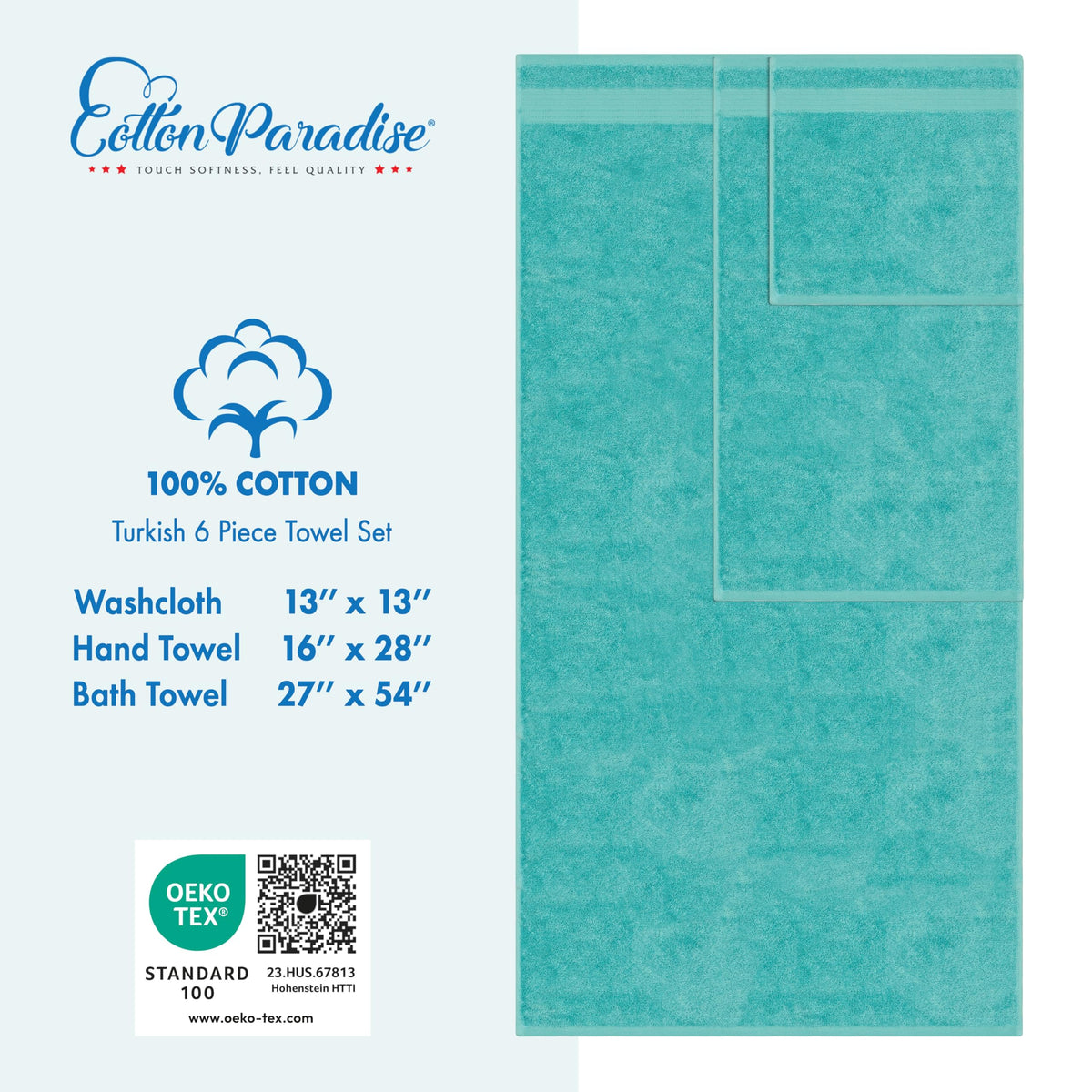 Cotton Paradise turquoise towel stack framed to highlight cohesive bathroom styling.