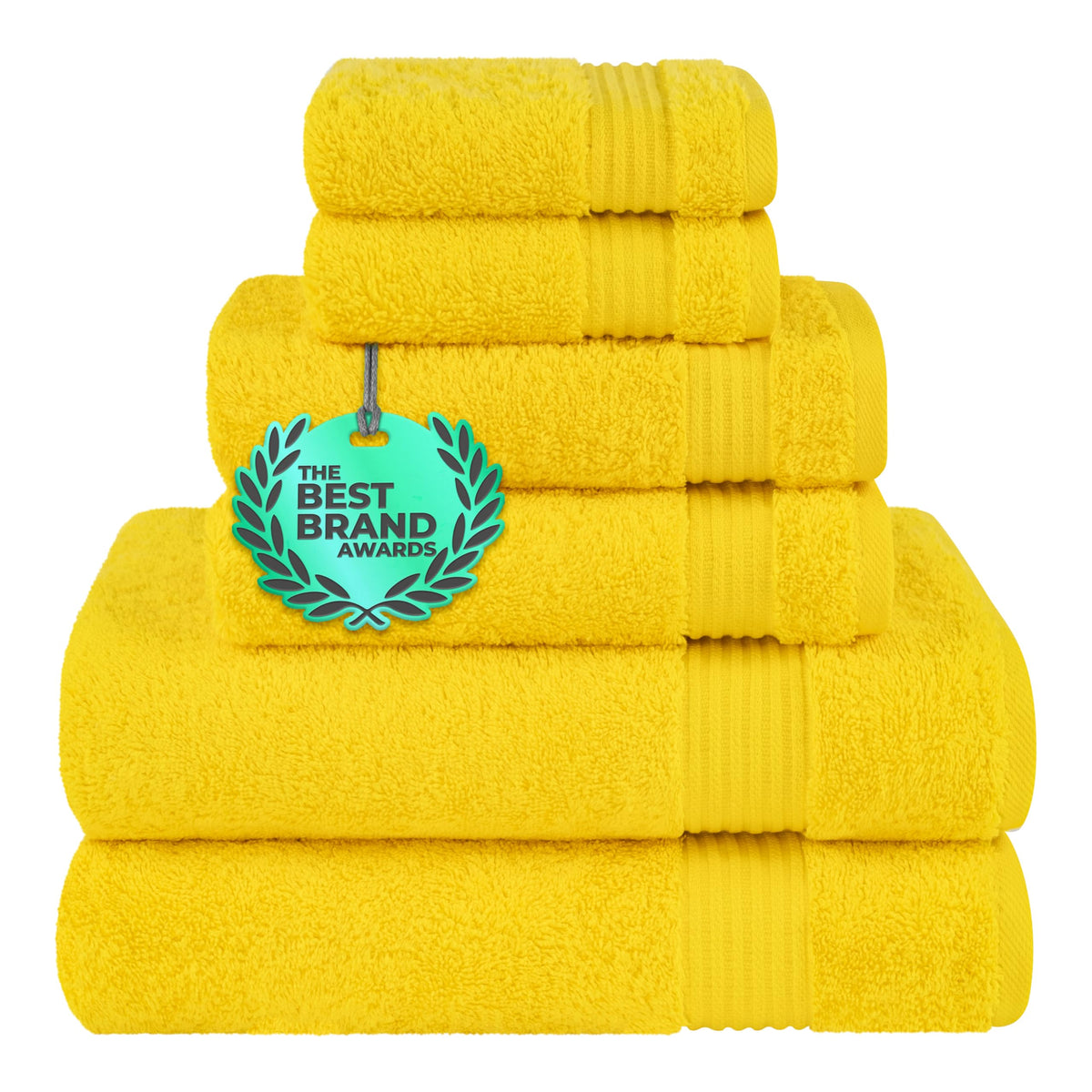 Cotton Paradise yellow 6-piece Turkish towel set on display in a family bathroom.
