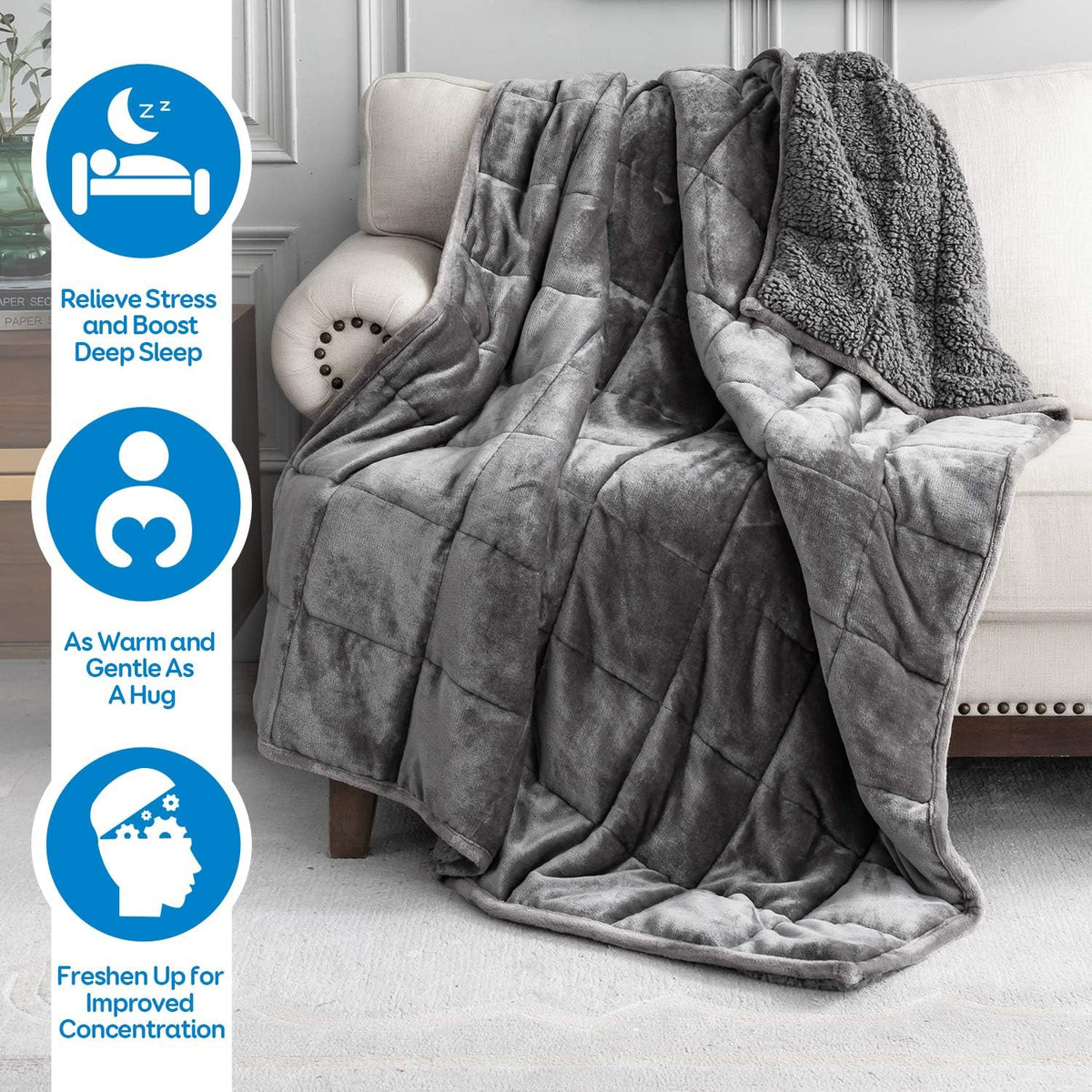 Cottonblue weighted blanket 15lb queen side profile gray emphasizes cozy warmth.