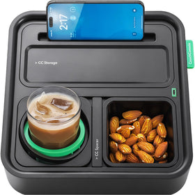 CouchConsole Original Tray cupholder keeps drinks steady on uneven sofa surfaces.