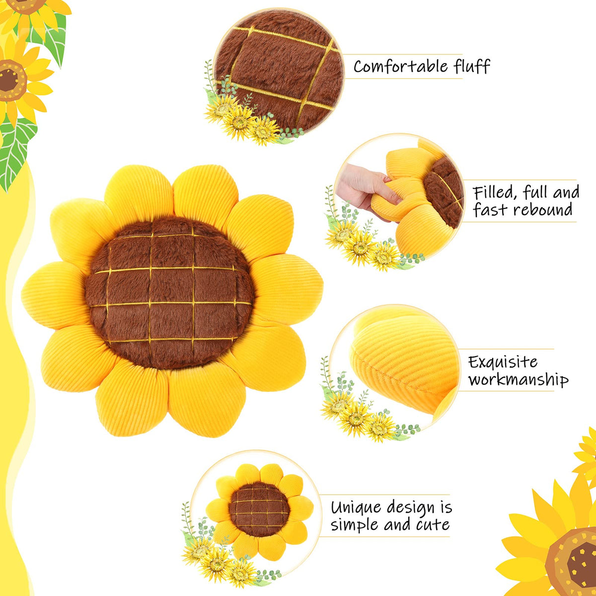 Coume plush sunflower chair pad with durable stitching for long-term use.