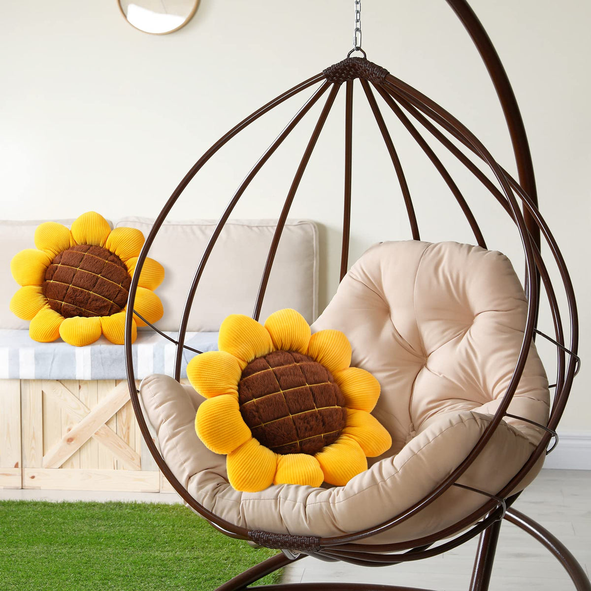 Coume yellow flower-seat cushion for chairs offers soft support and decorative appeal.