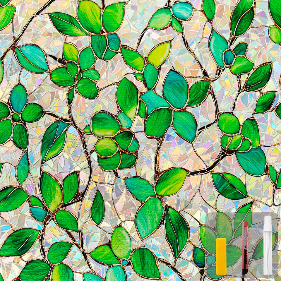 COUNTEWOL greenery leaf rainbow window film with natural decor and rainbow light