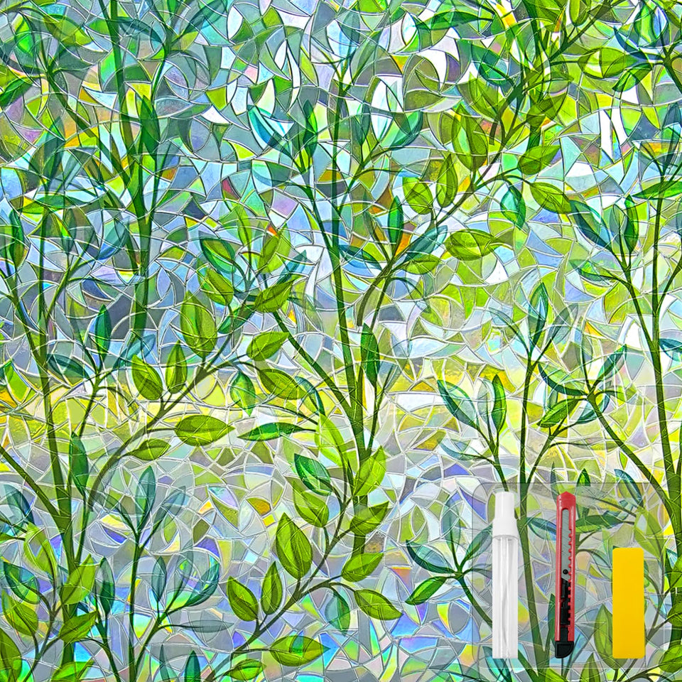 Countewol leaf rainbow window film shows a leafy pattern with colorful light diffusion