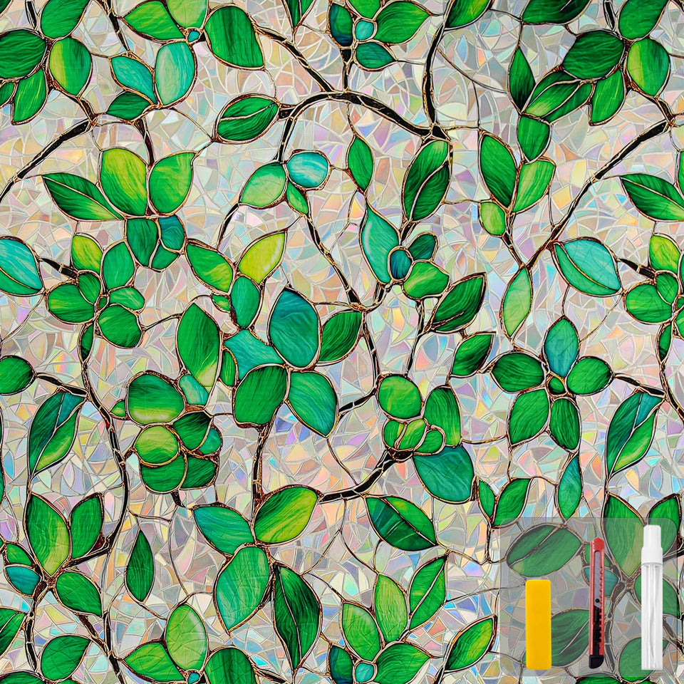 COUNTEWOL rainbow leaf pattern window film adds decorative privacy with sunlit color.