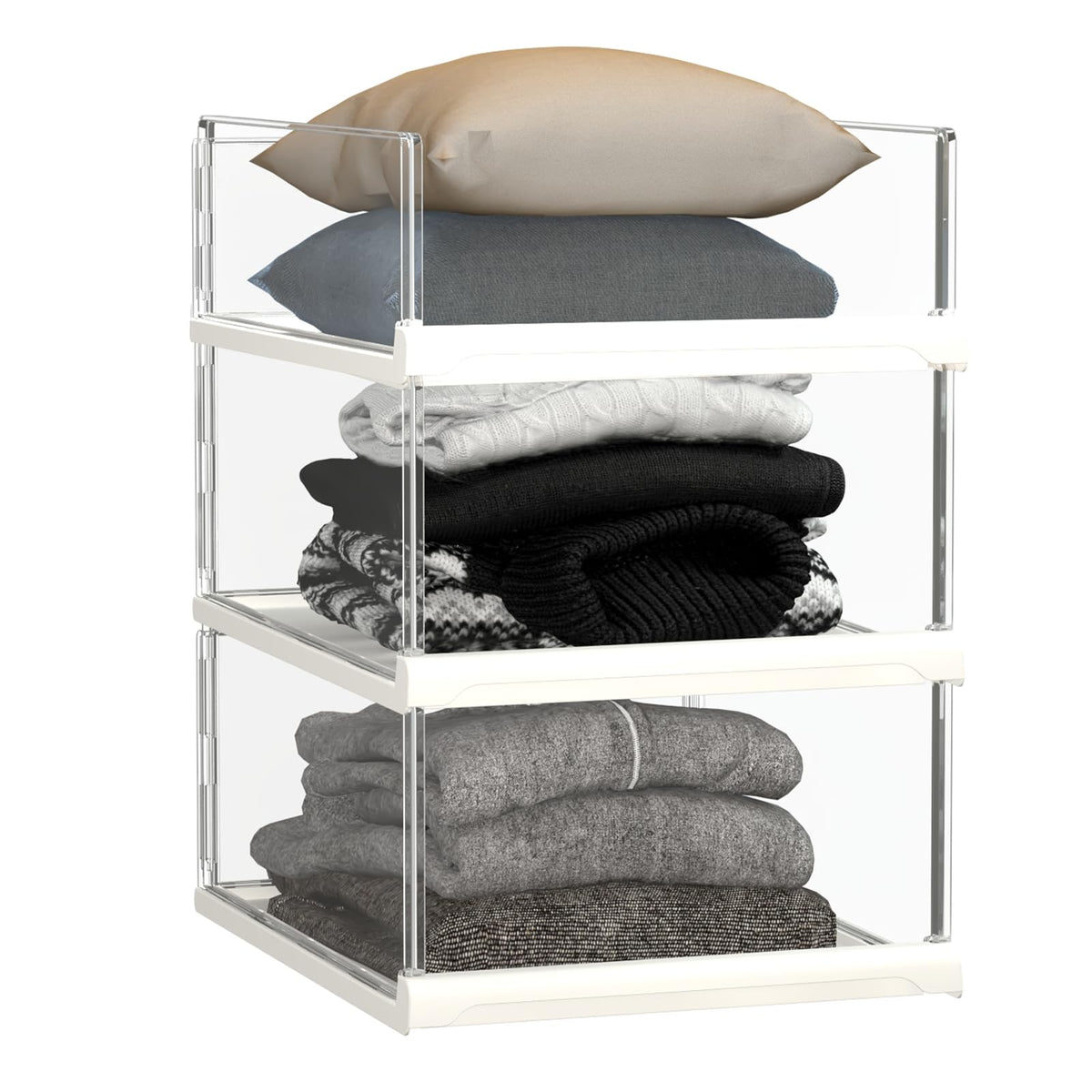 Covetree 3-pack stackable closet organizers with transparent bins for easy visibility