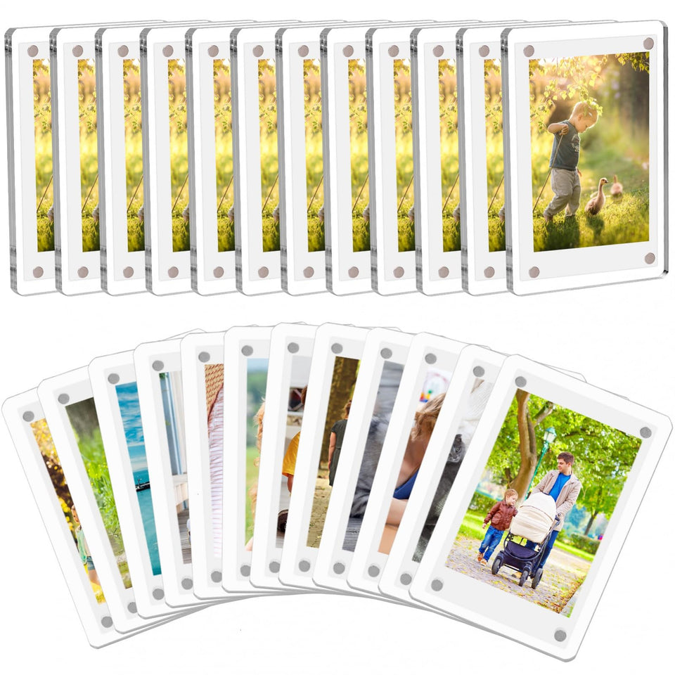 COYMOS 24-pack acrylic magnetic photo frame on fridge, ideal for Instax photo display.