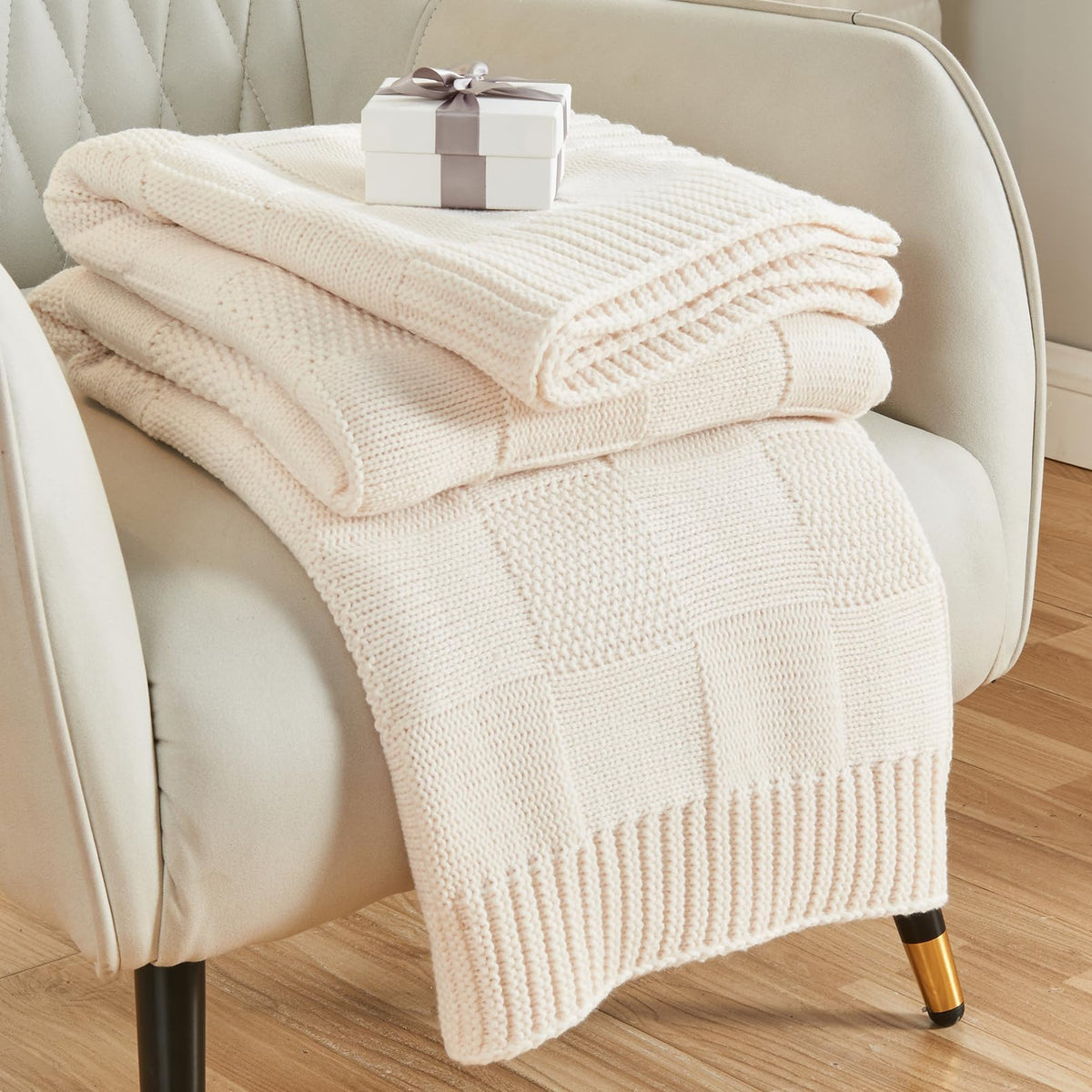 CozeCube Check Knit Throw Blanket on sofa for cozy living room warmth