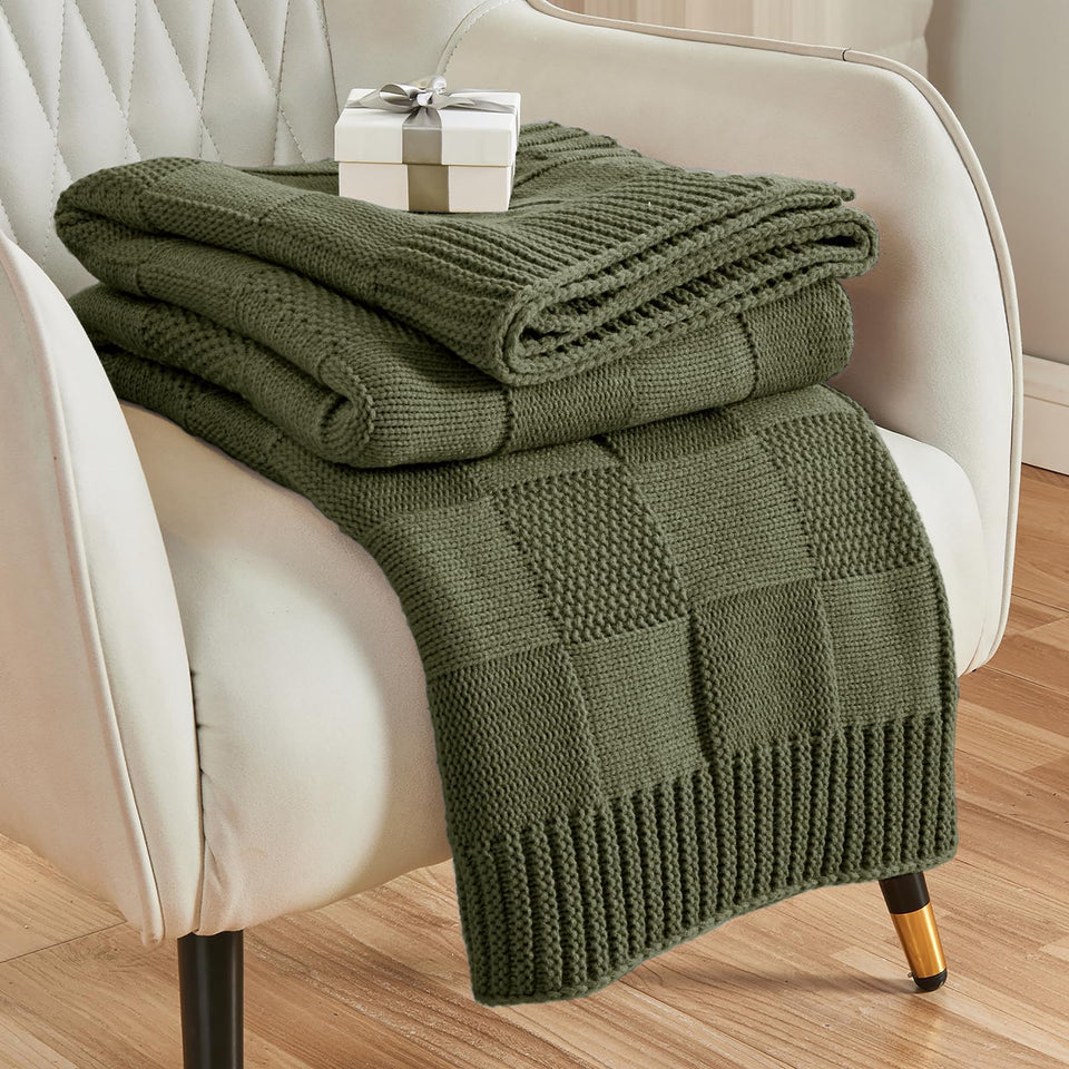 CozeCube olive green check knit throw draped on sofa for cozy warmth