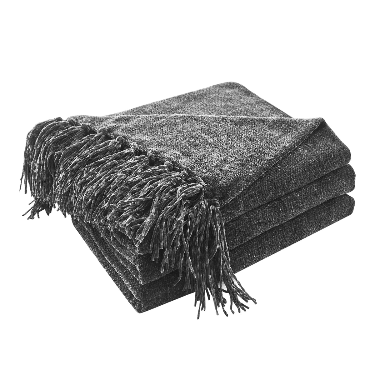 CozeCube Chenille throw on a charcoal couch enhances cozy living room decor.