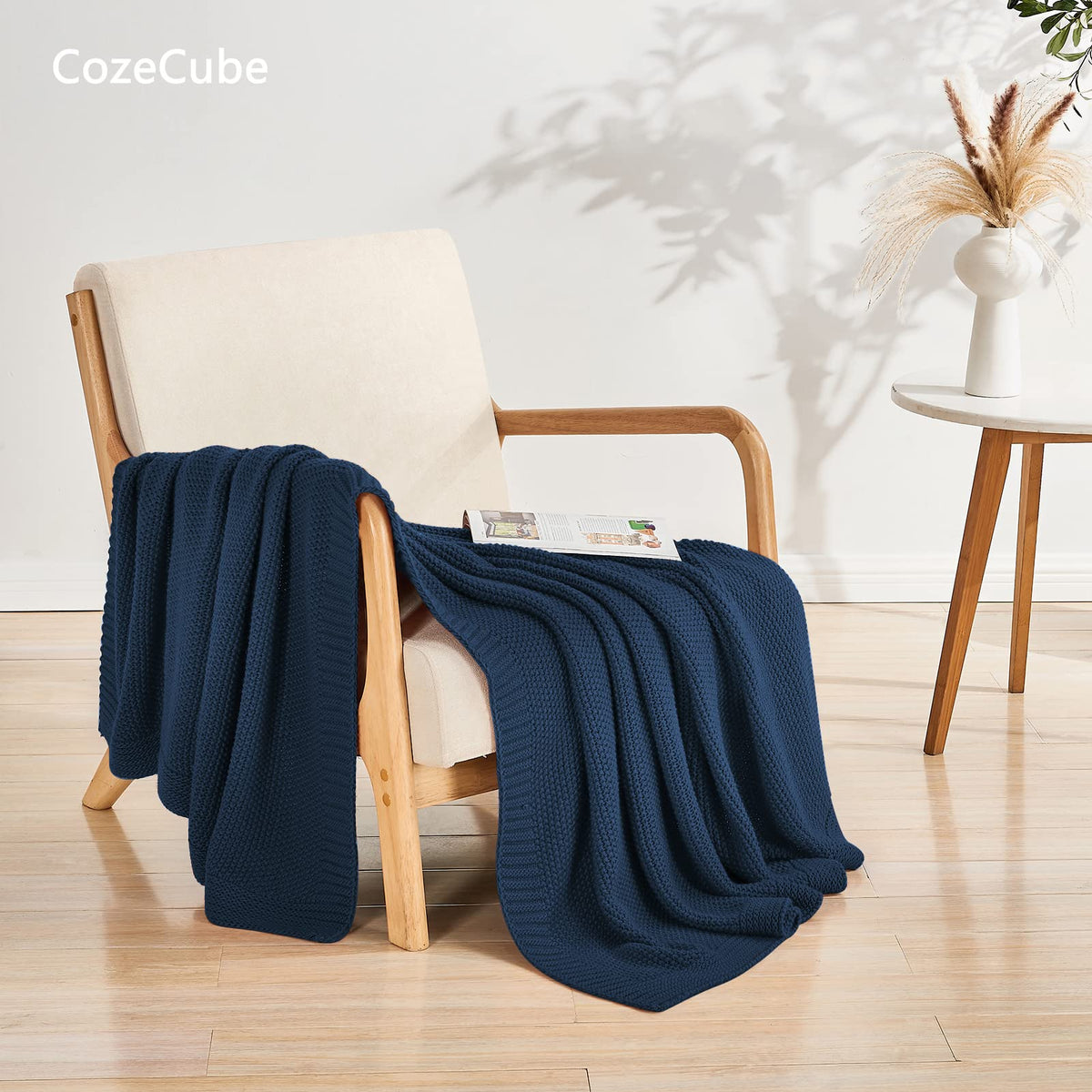CozeCube navy blue seed-stitch knit detail showcases cozy texture and farmhouse charm.