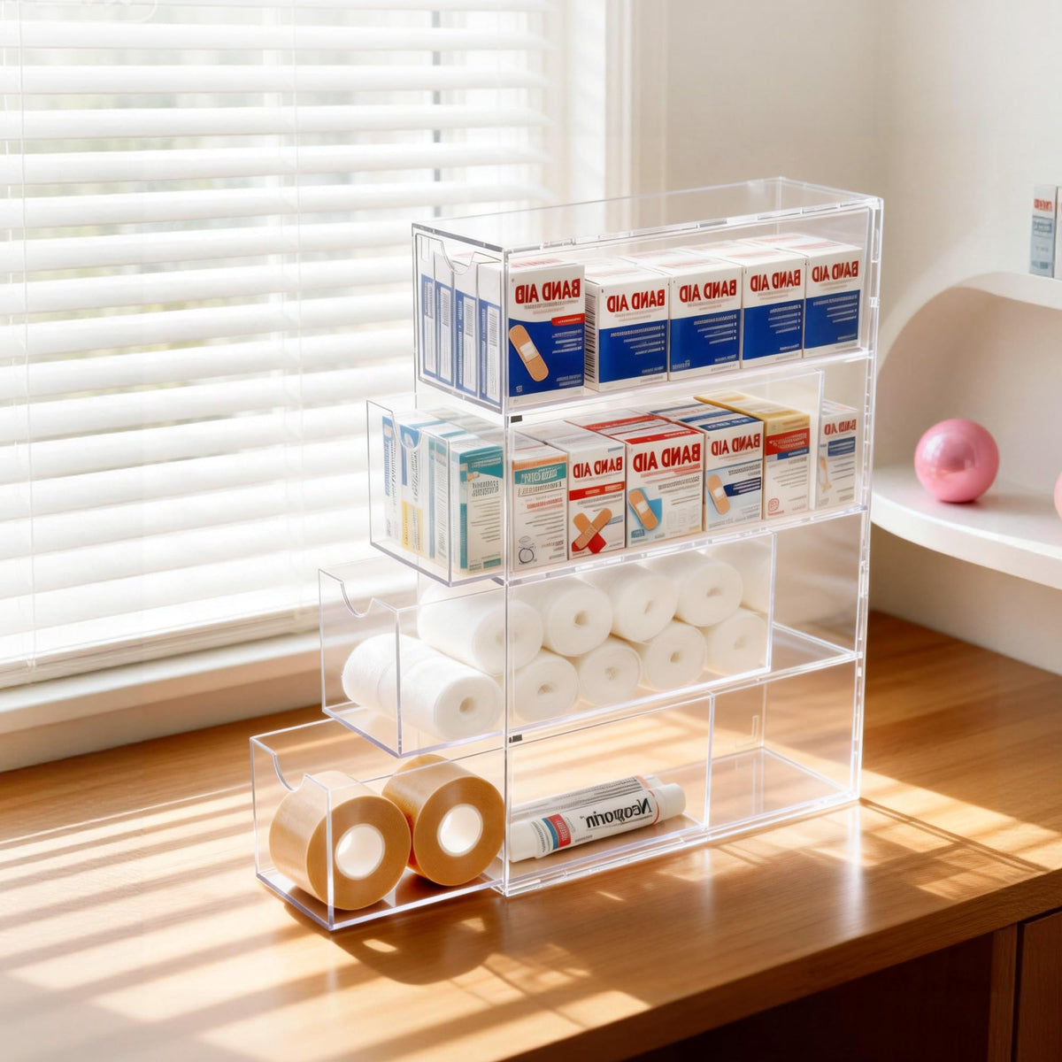 COZFUR acrylic drawer storage keeps items organized and easy to locate at a glance.