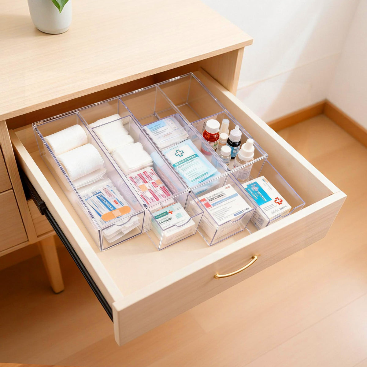 COZFUR first-aid organizer supports horizontal placement on countertops for fast access.