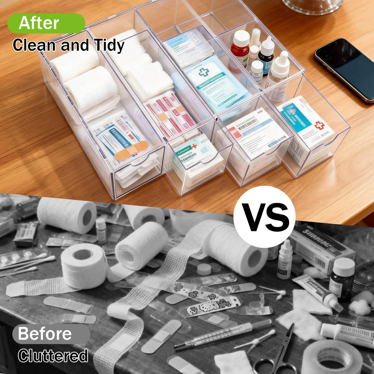 COZFUR bandage storage container can also sit vertically inside cabinets to save space.