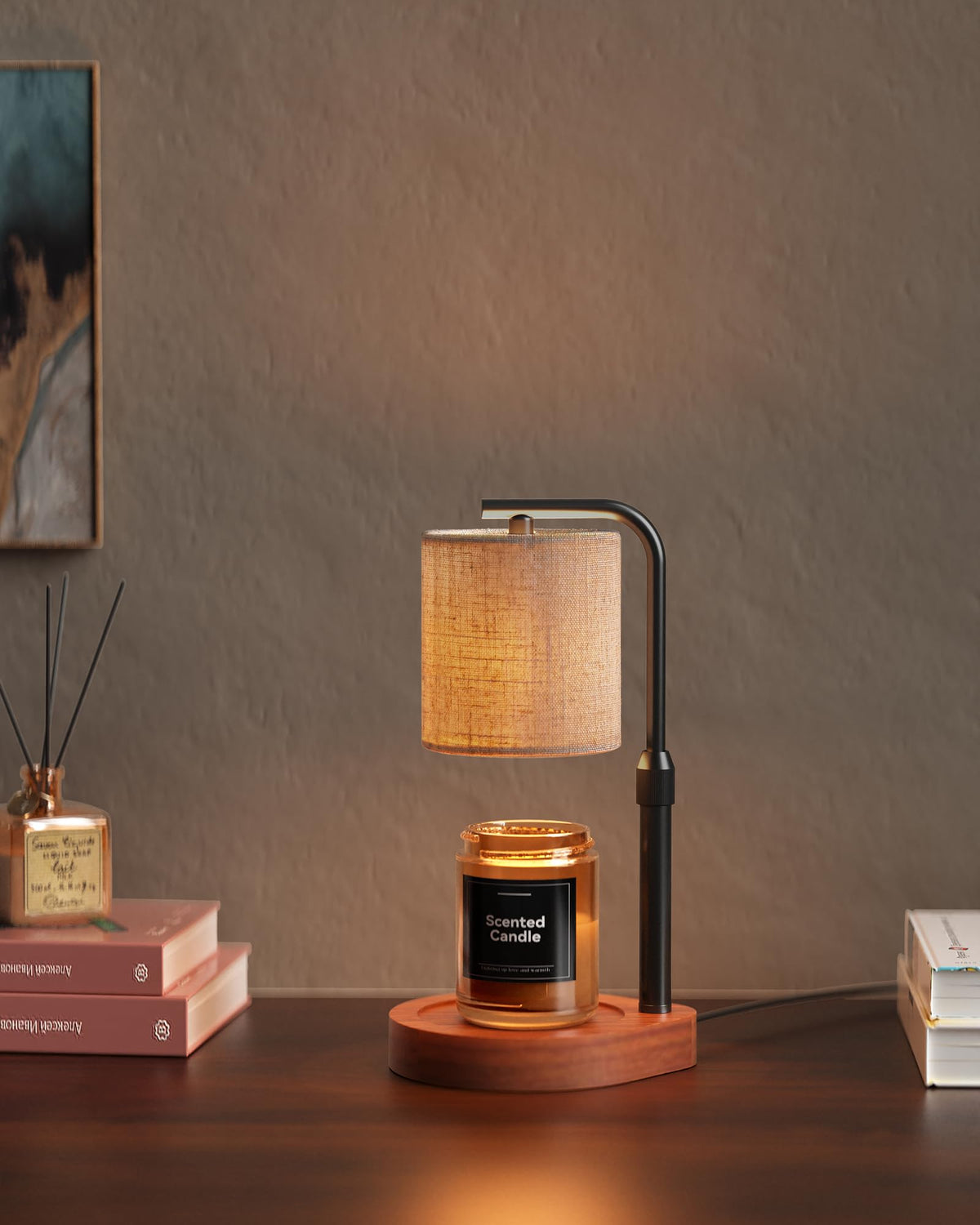 Cozmara Candle Warmer Lamp base view shows sturdy walnut base for stable placement.