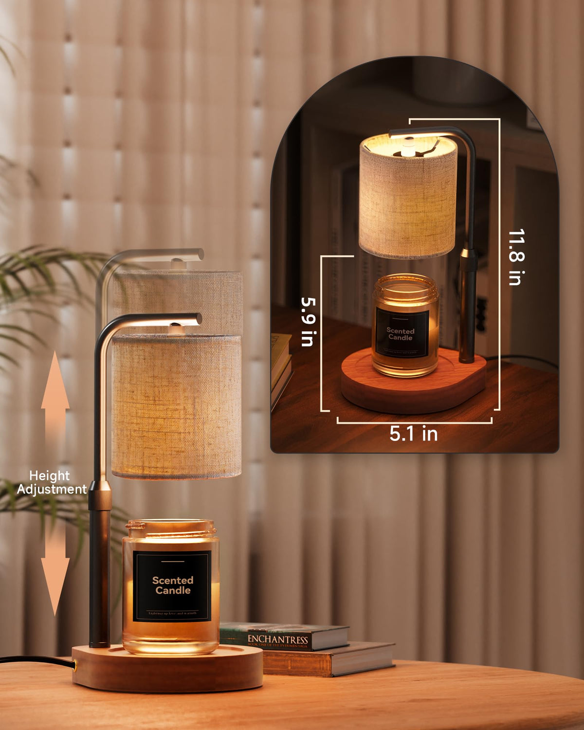 Height-adjustable Cozmara Candle Warmer Lamp design fits jars of various sizes.