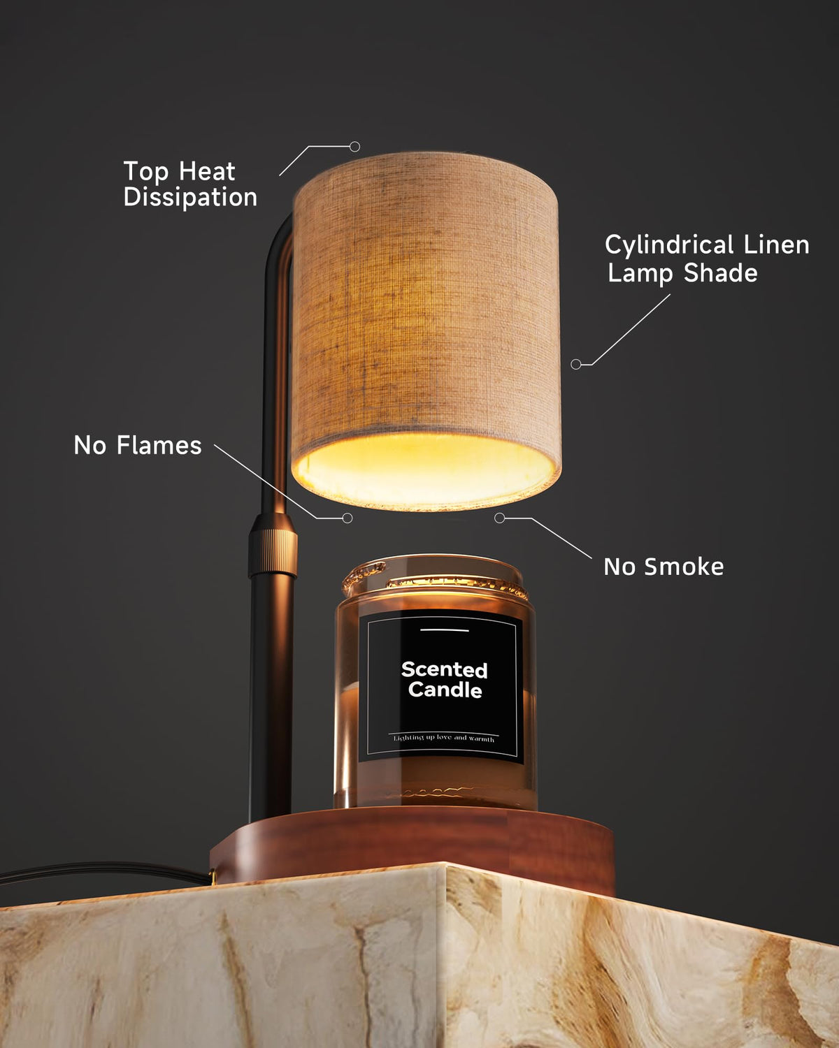 Cozmara Candle Warmer Lamp linen shade provides soft, inviting light for cozy evenings.