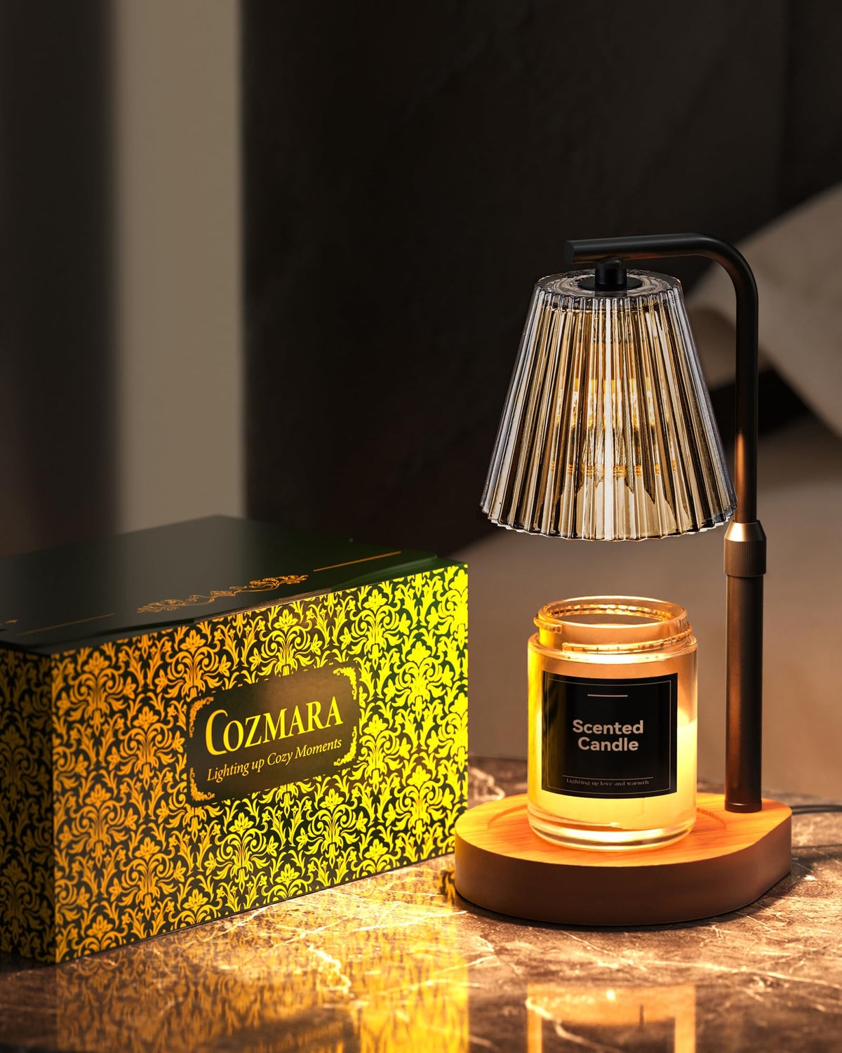 Cozmara Candle Warmer Lamp modern decor with glass shade and walnut base.