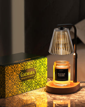 Cozmara Candle Warmer Lamp modern decor with glass shade and walnut base.