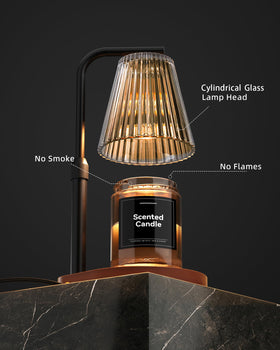 Cozmara Candle Warmer Lamp on walnut base adds warm natural style.