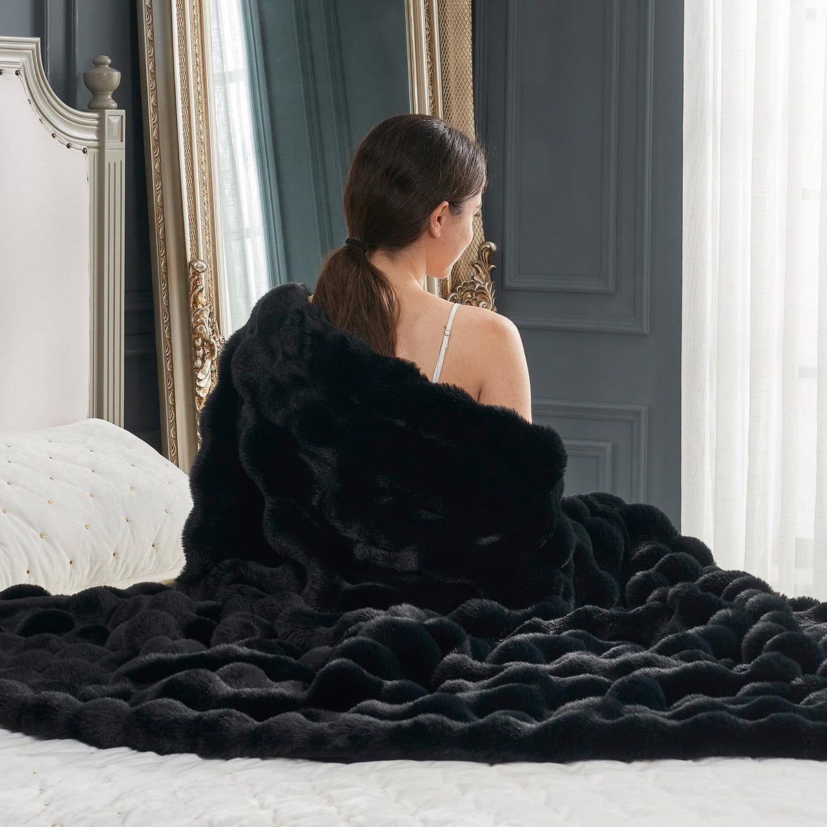 Cozy Bliss Bubble Blanket on sofa showing plush texture and high-low design