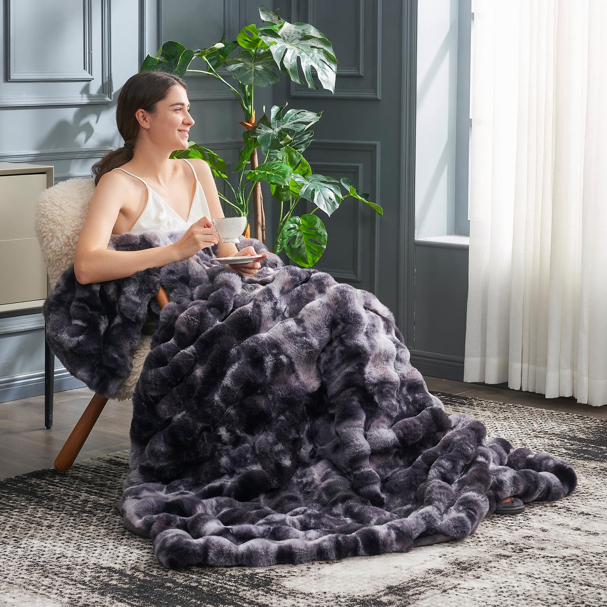 Cozy Bliss bubble design throw draped on couch for cozy ambiance