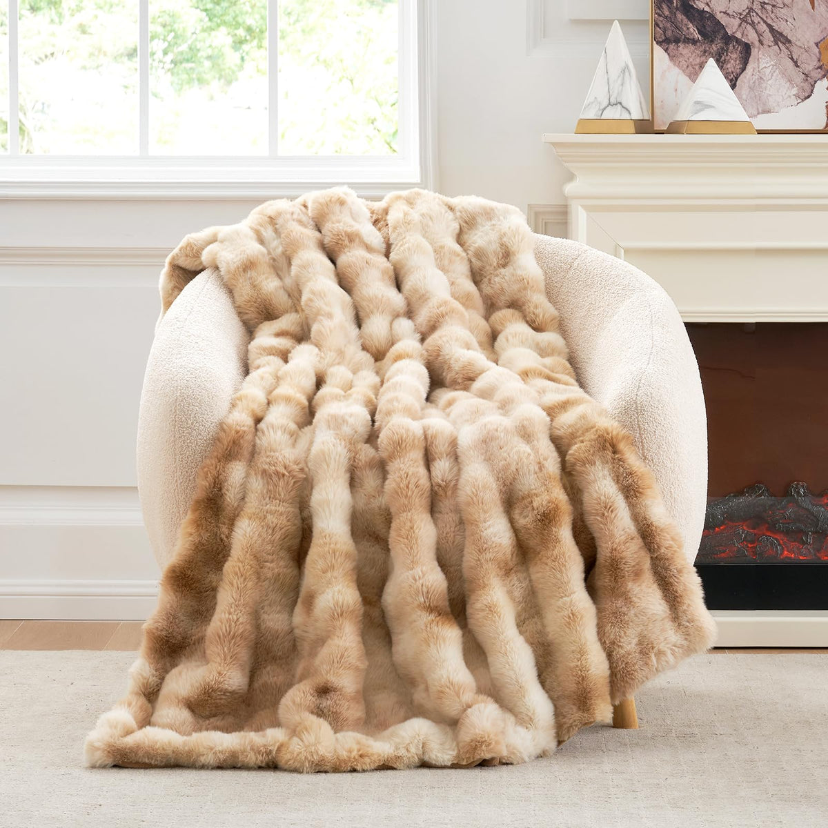 Cozy Bliss Bubble faux fur throw front view highlights plush warmth for the sofa.