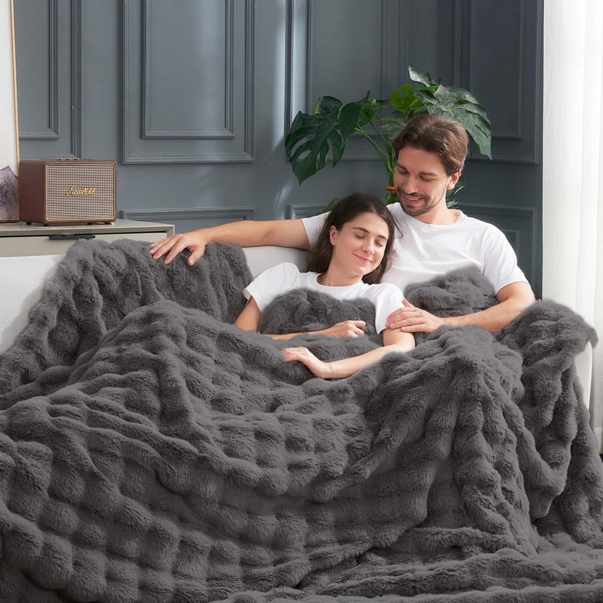 Charcoal-grey Cozy Bliss Bubble Throw fits modern interiors.