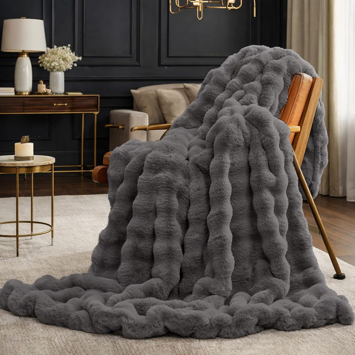 Cozy Bliss Bubble Throw fabric close-up highlighting ultra-soft faux fur for cozy evenings.
