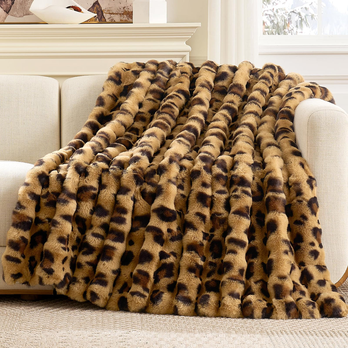 Cozy Bliss cheetah faux fur throw on sofa for cozy lounging