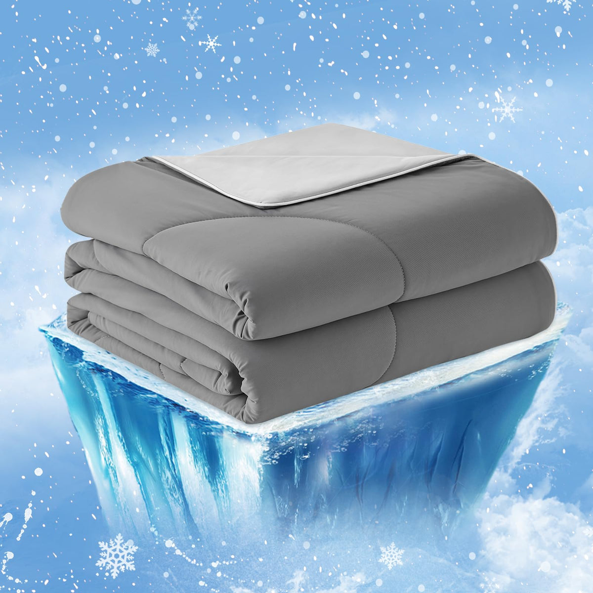 Cozy Bliss cooling comforter on king bed for hot sleepers, breathable cooling.