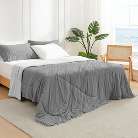 Cozy Bliss cooling comforter draped, illustrating easy care and machine washability.