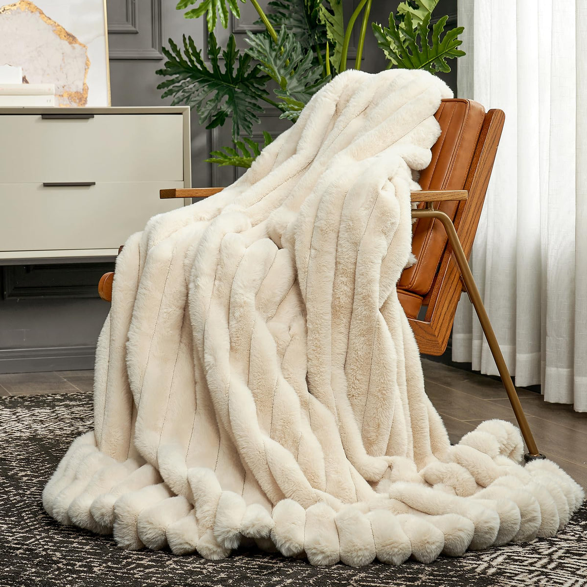 Cozy Bliss Faux Fur Throw Blanket striped pattern enhances living room style.