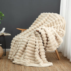 Cozy Bliss Faux Fur Throw Blanket beige close-up texture for ultra-soft warmth.