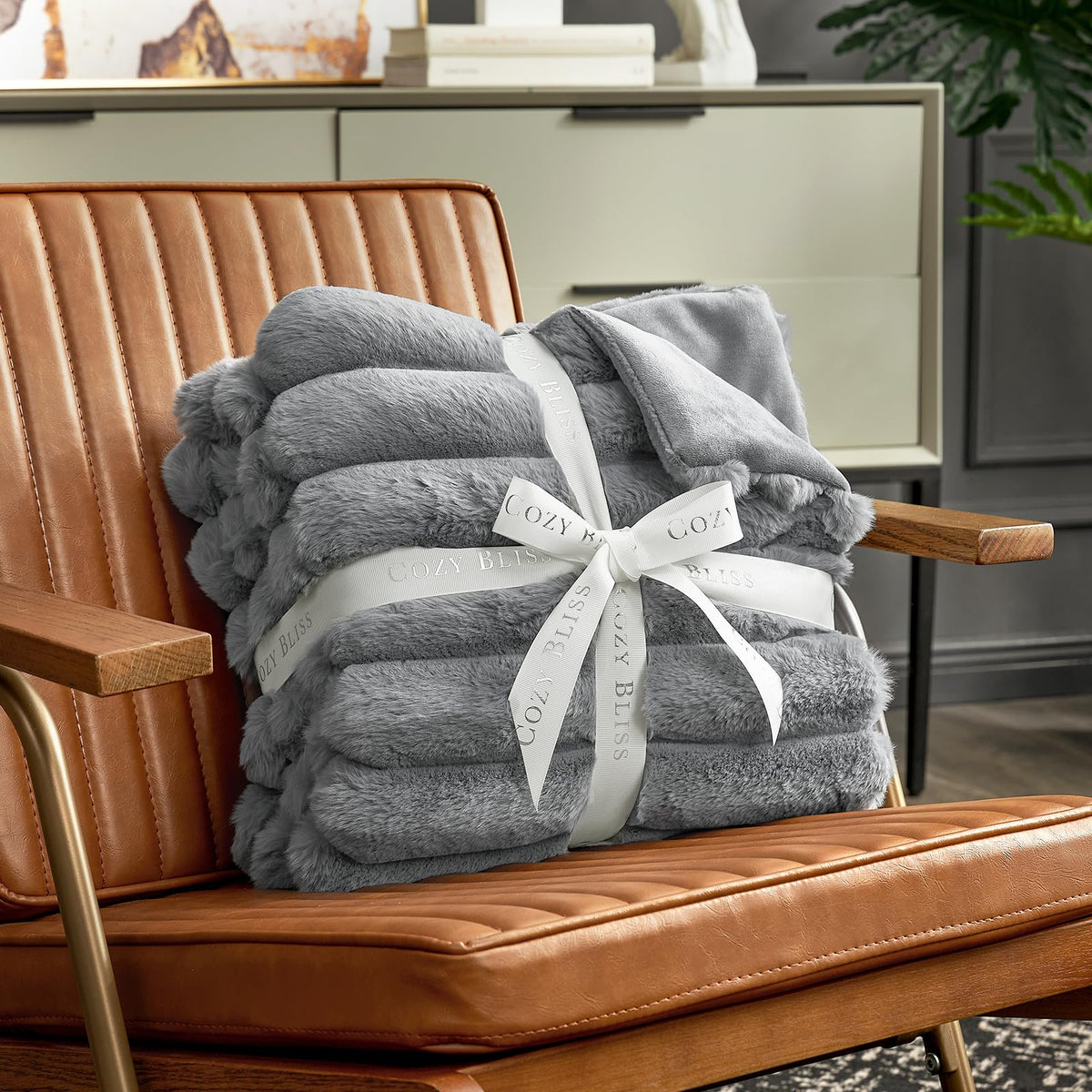 Cozy Bliss faux fur throw folded for easy portability.
