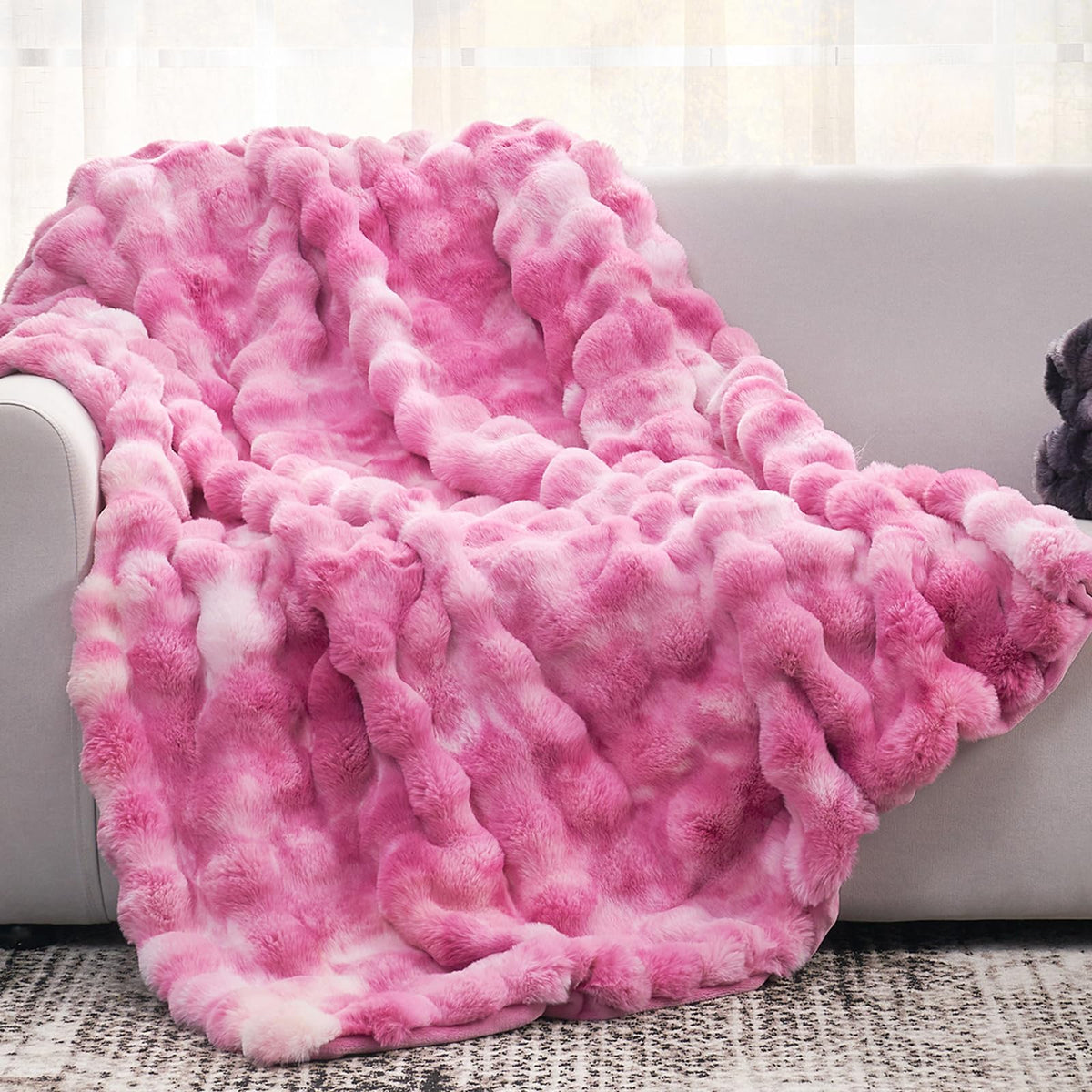 Cozy Bliss faux fur face shows plush softness for couch lounging